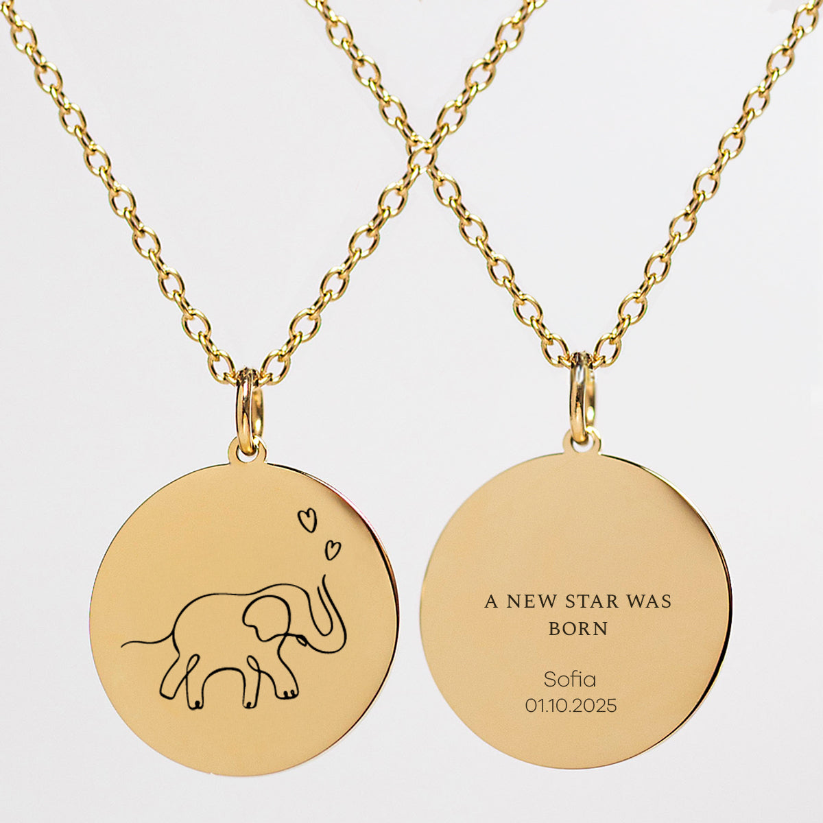 Personalisiertes Geschenk: Halskette mit graviertem Babynamen und Symbol in eleganter Geschenkbox in Gold oder Silber